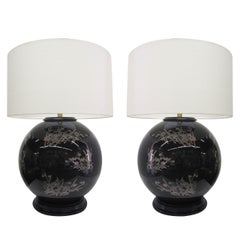 Midcentury Glass Japanese Style Table Lamps, Pair
