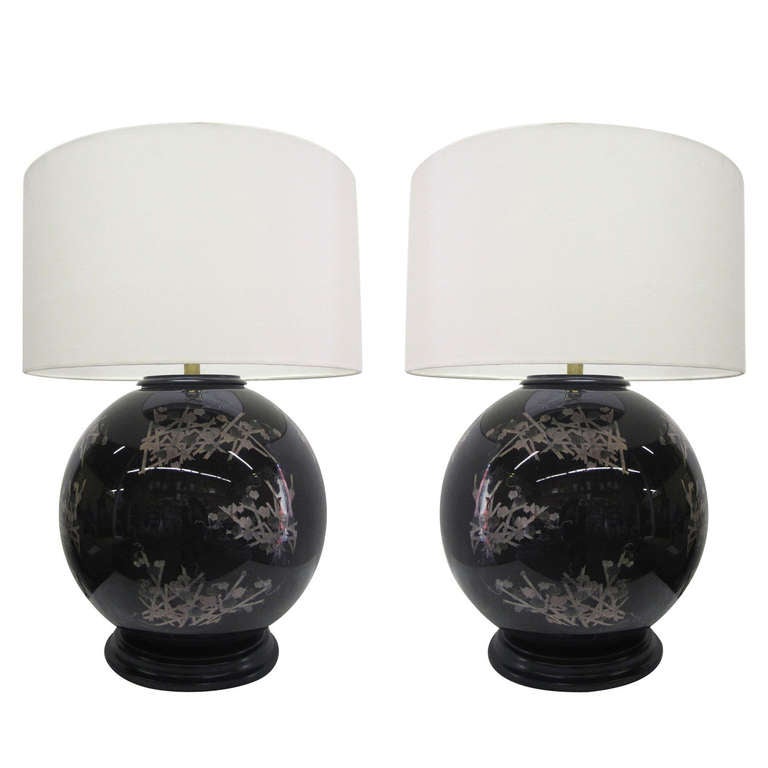 MidCentury Glass Japanese Style Table Lamps, Pair For Sale at 1stdibs