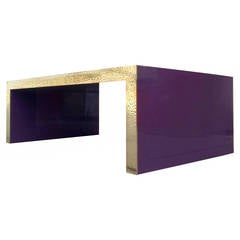 Glamorous Purple Lacquered Coffee Table with Hammered Brass Edge