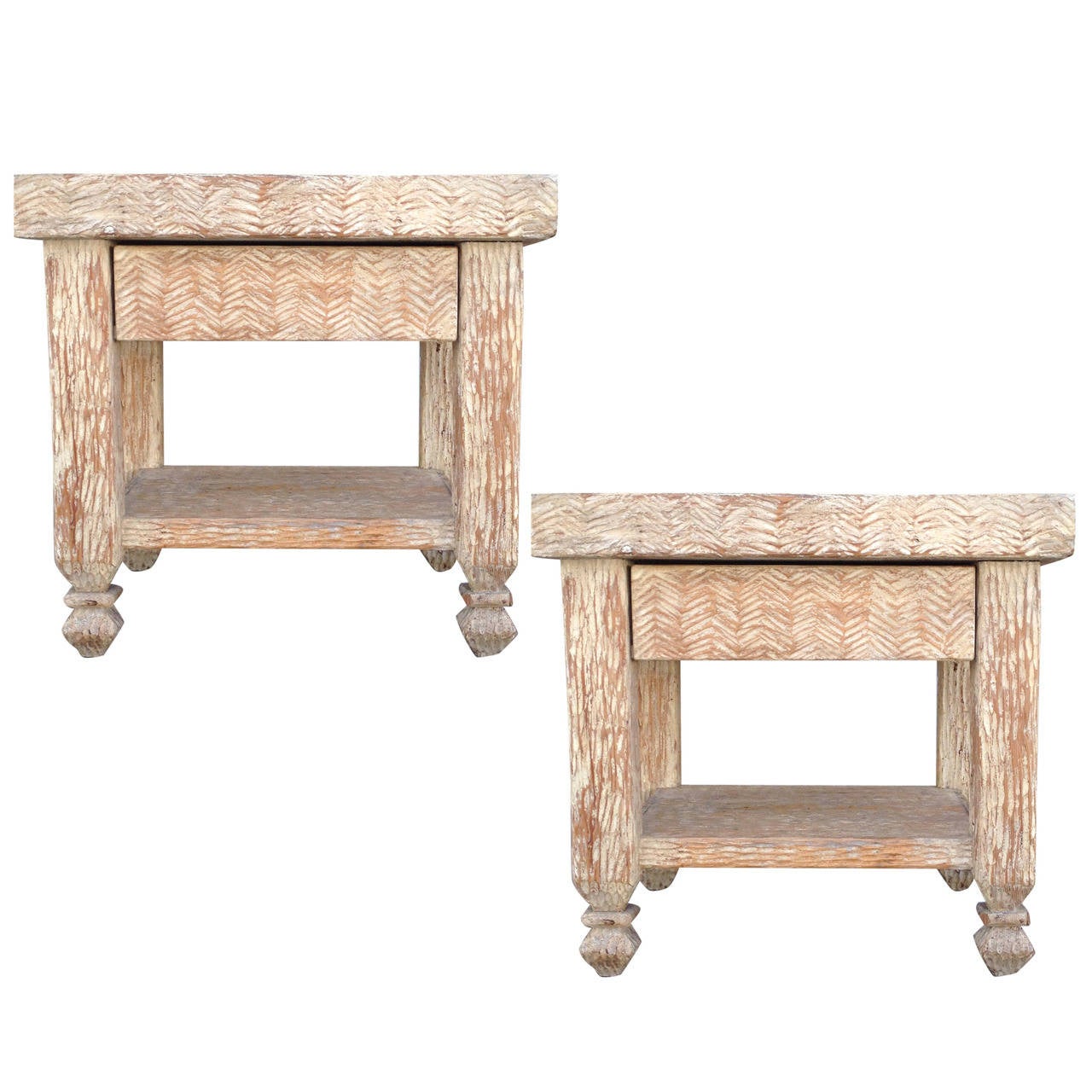Pair of Carved and Bleached Wood Side Tables at 1stDibs