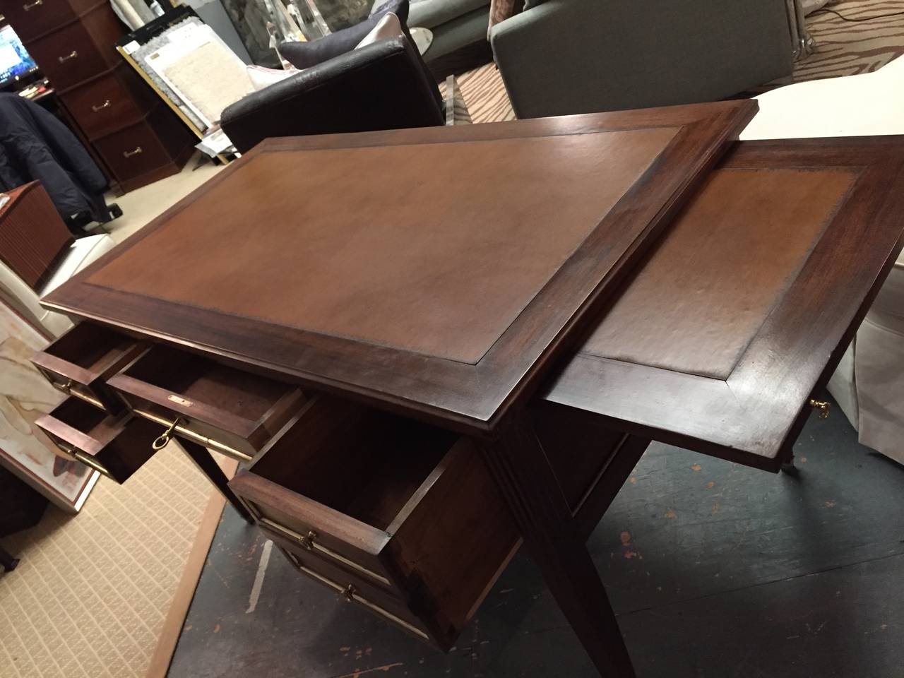 French Leather Writing Desk Table with Glass over Cognac Leather Top 4 Drawers For Sale 3