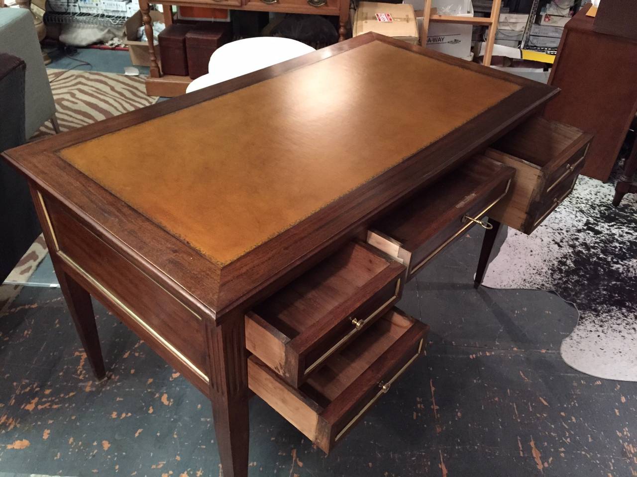 French Leather Writing Desk Table with Glass over Cognac Leather Top 4 Drawers For Sale 1