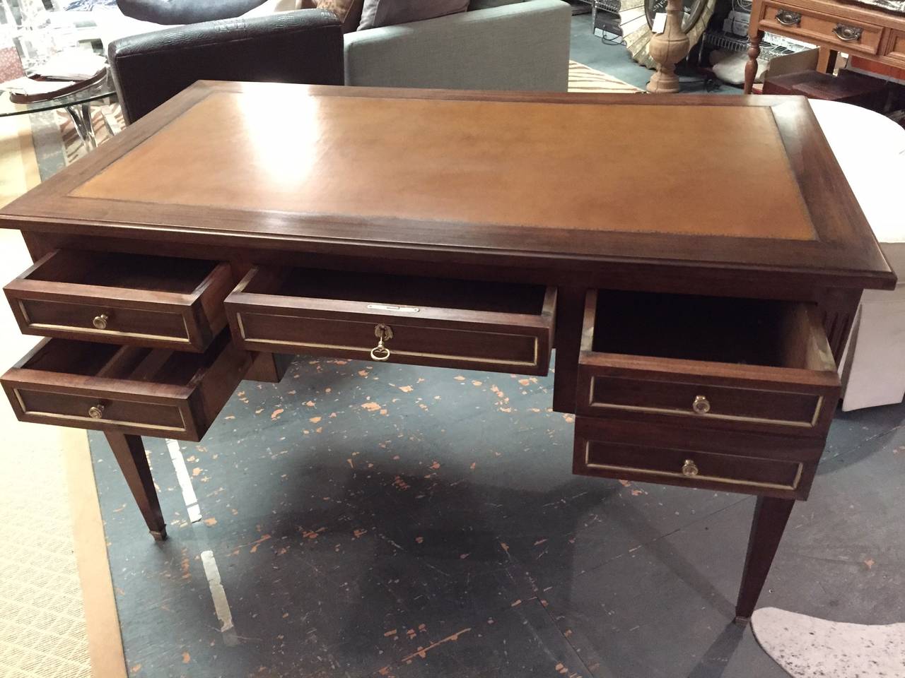 French Leather Writing Desk Table with Glass over Cognac Leather Top 4 Drawers For Sale 2