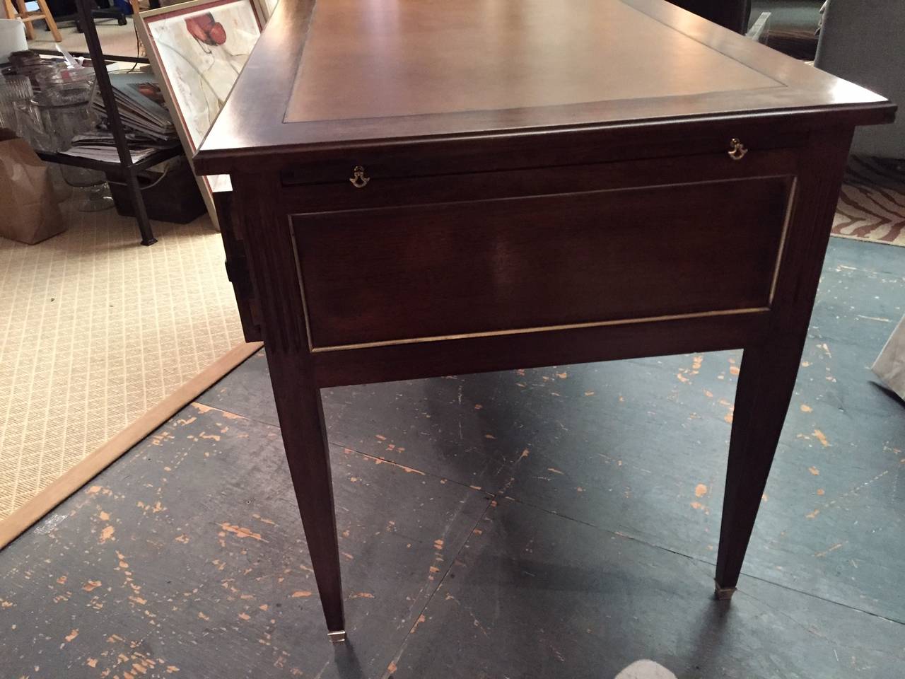 French Leather Writing Desk Table With Glass Over Cognac Top French Leather Writing Desk Table With Glass Over Cognac Top 4 Drawers In Excellent Condition