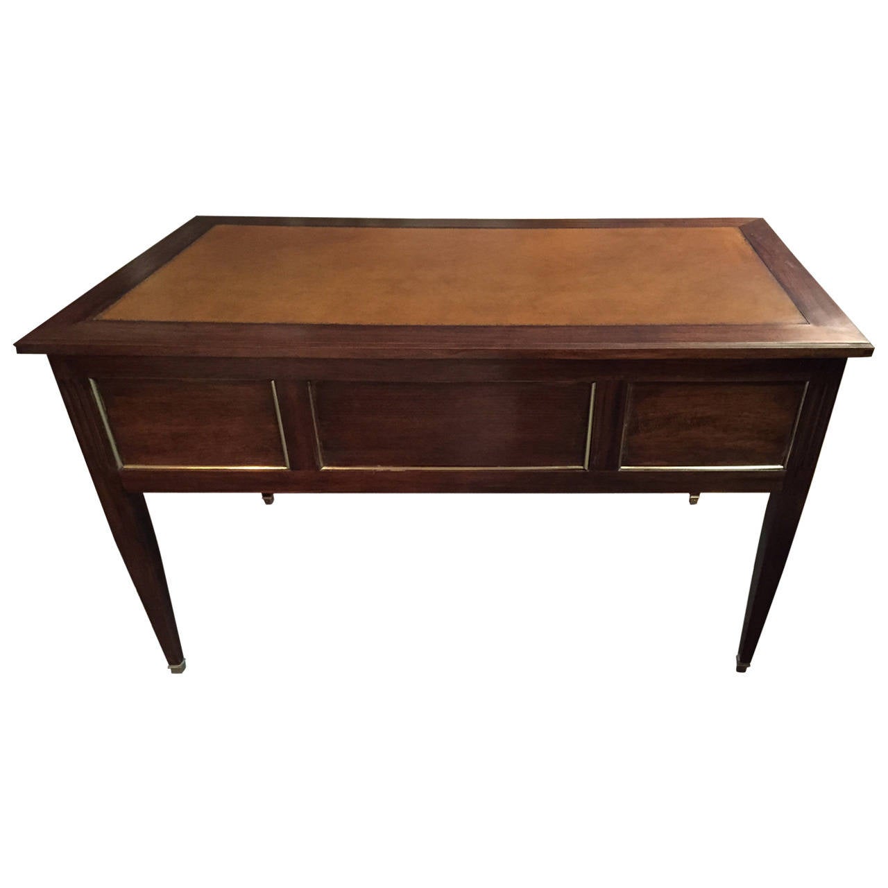 Beautiful French Leather Writing Desk.  Brown leather top with decorative border and glass surface to protect and preserve the leather.  Four drawer. Right side is one drawer but appears as two.  Very useful.  Also, has hidden extension surface that
