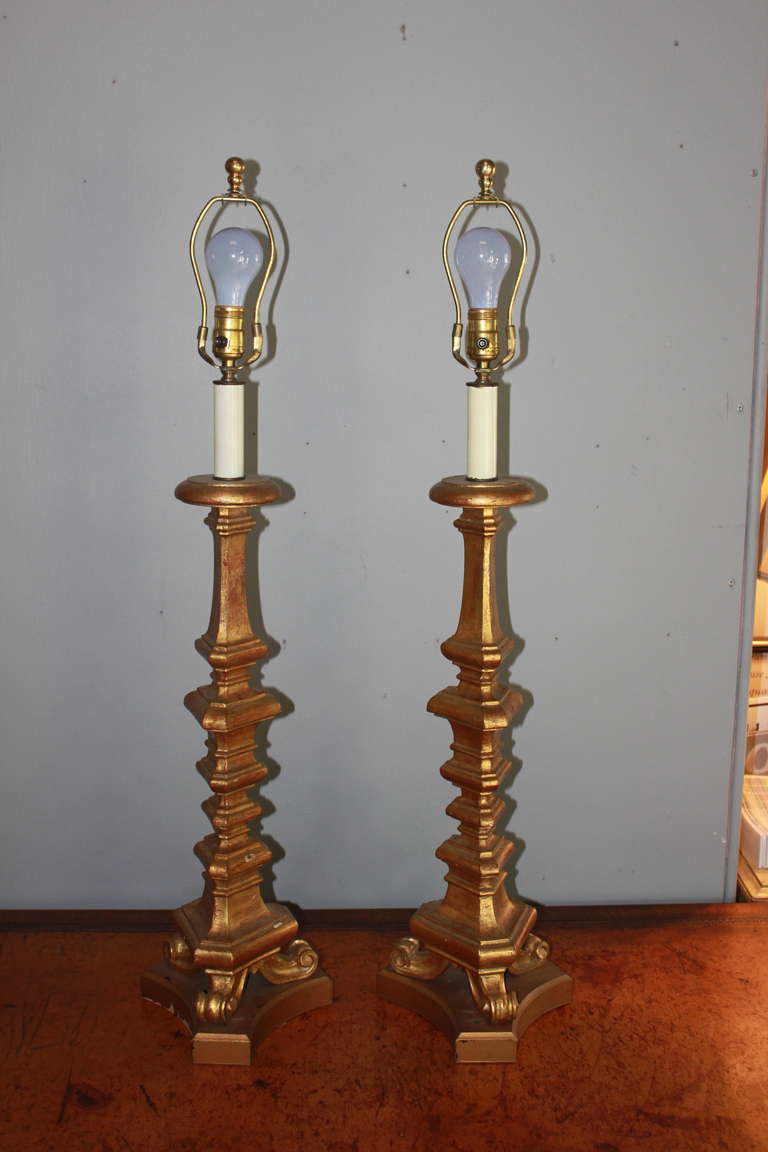 Pair of French Giltwood Table Lamps For Sale 1