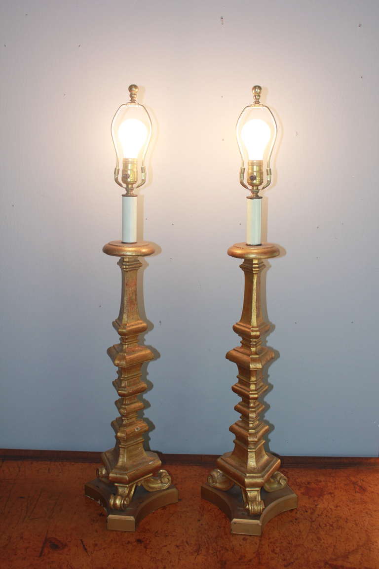 Mid-20th Century Pair of French Giltwood Table Lamps For Sale