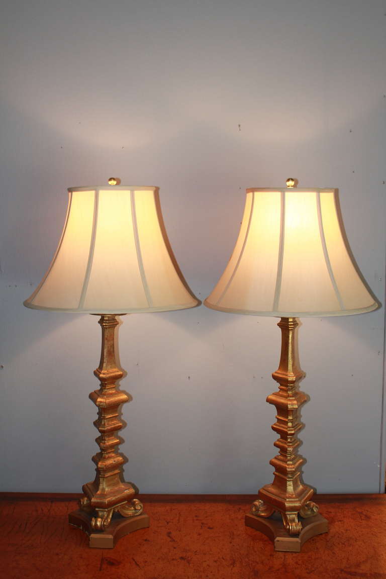 Pair of French Giltwood Table Lamps In Excellent Condition For Sale In Southampton, NY