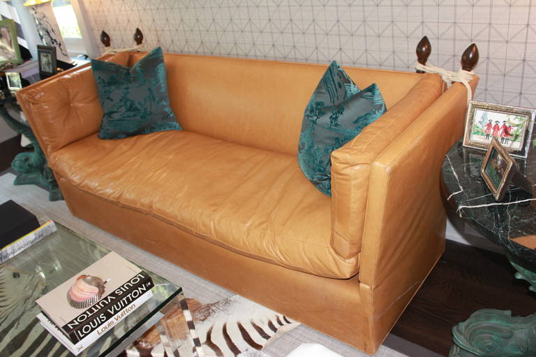 Modern Knole Style Cognac Leather High Back Sofa For Sale
