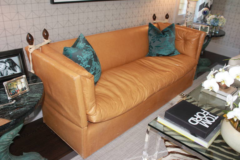 American Knole Style Cognac Leather High Back Sofa For Sale