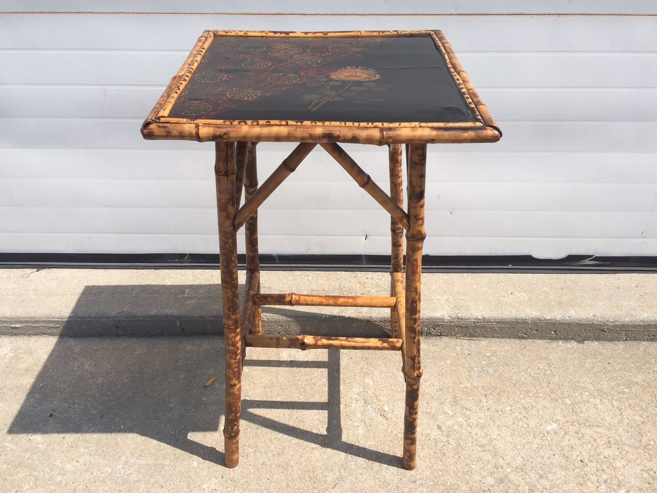 Antique Chinoiserie Lacquered Scorched Bamboo Side Table For Sale 1