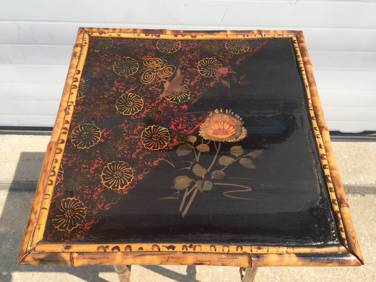 Antique Chinoiserie Lacquered Scorched Bamboo Side Table In Excellent Condition For Sale In Southampton, NY