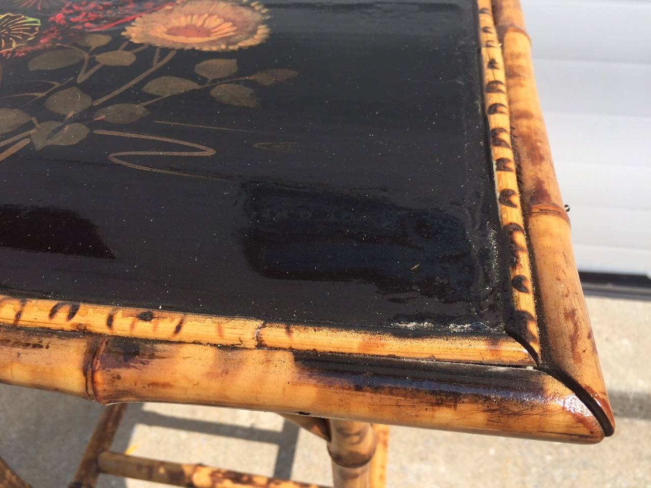 Late 19th Century Antique Chinoiserie Lacquered Scorched Bamboo Side Table For Sale