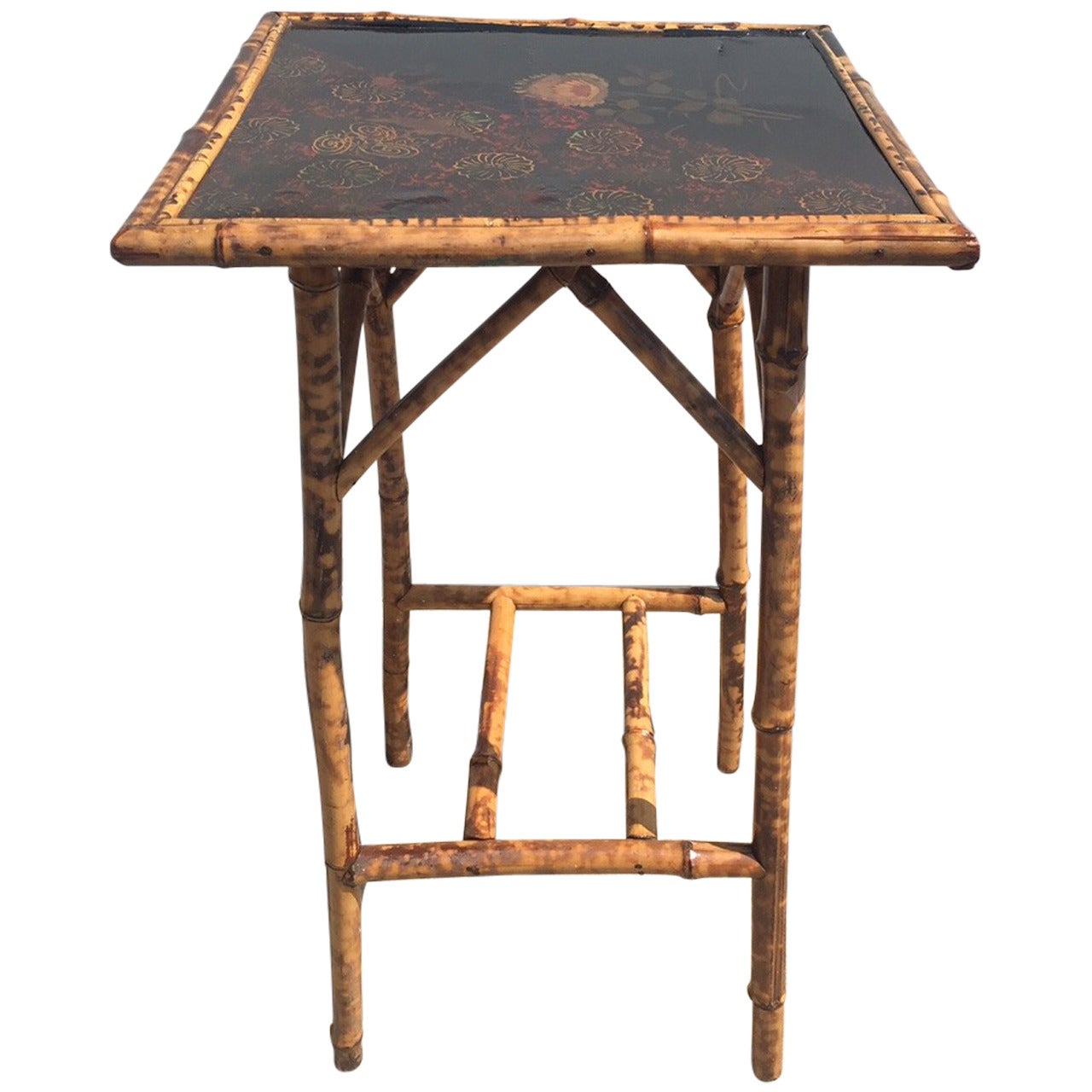 Antique Chinoiserie Lacquered Scorched Bamboo Side Table For Sale