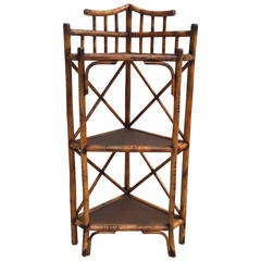 Three-Tiered Corner Etagere with Scorched Bamboo Frame and Rattan Shelves