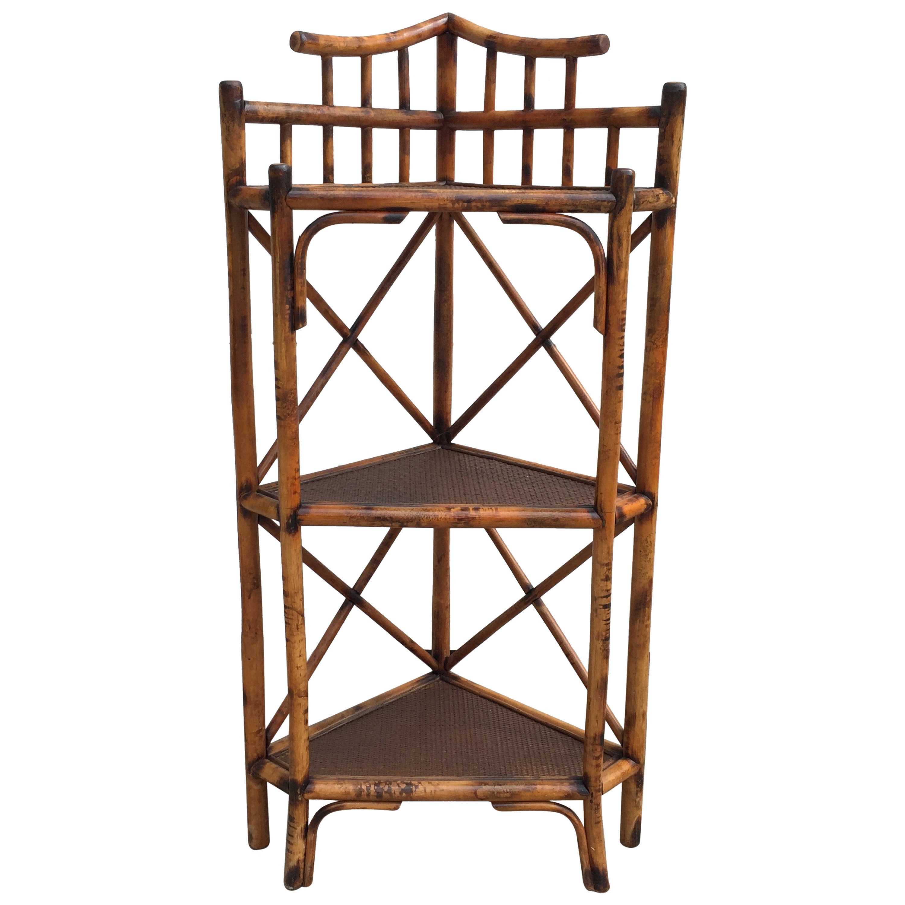 Three-Tiered Corner Etagere with Scorched Bamboo Frame and Rattan Shelves