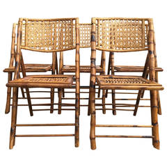 Set of Five Scorched Bamboo Frame Folding Chairs with Rattan Seat and Back