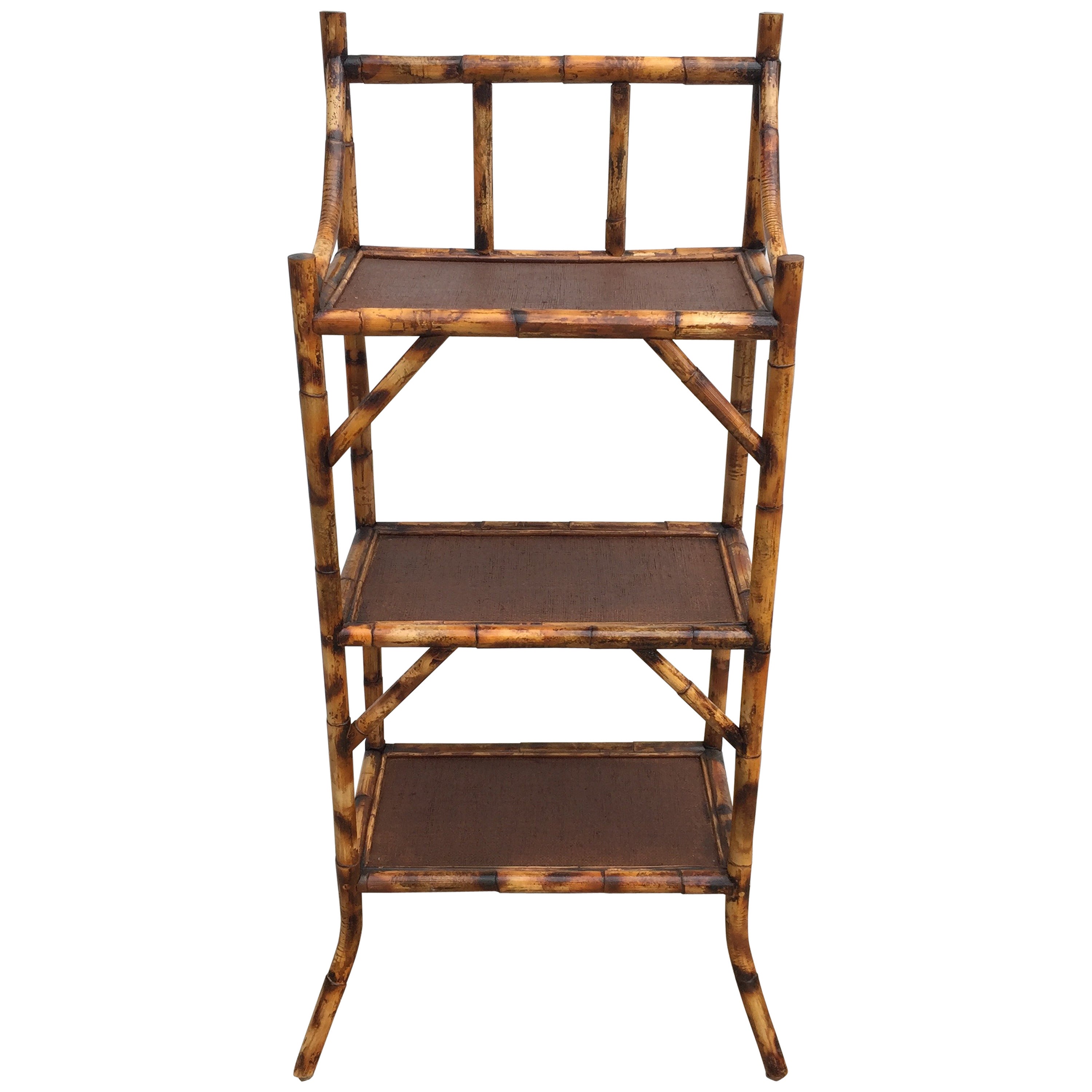 Three-Tiered Scorched Bamboo Etagere with Espresso Rattan Shelves