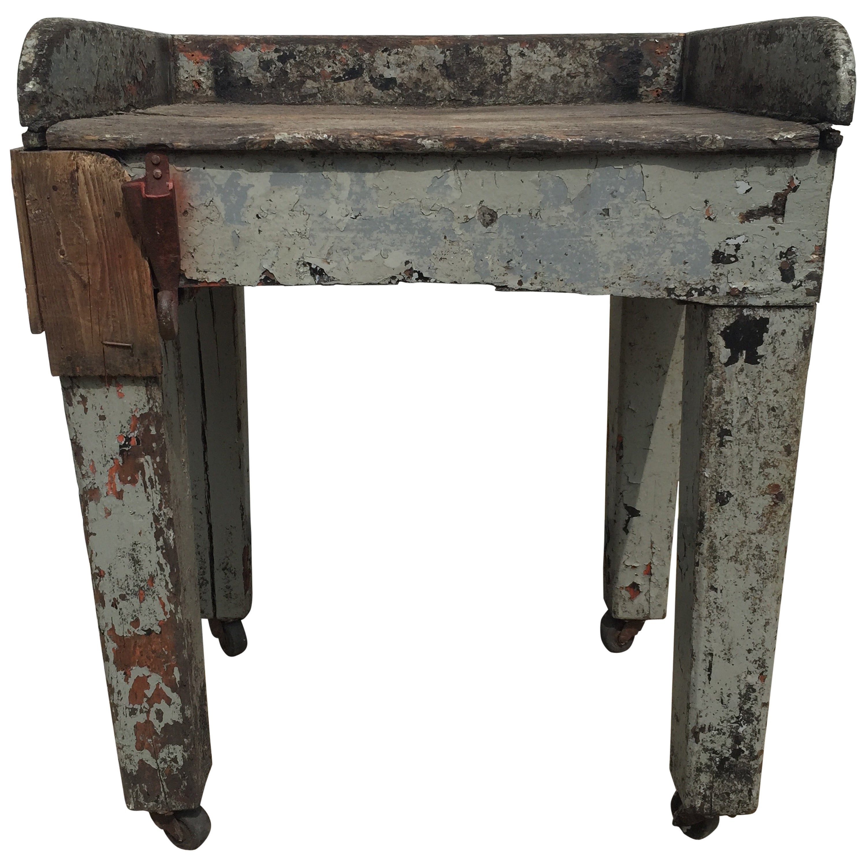 Antique Rustic Folk Farmhouse Side Table with Hook For Sale