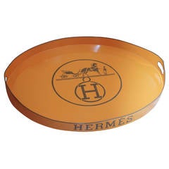 Vintage Hermès Style Hand-Painted Orange Oval Metal Tray