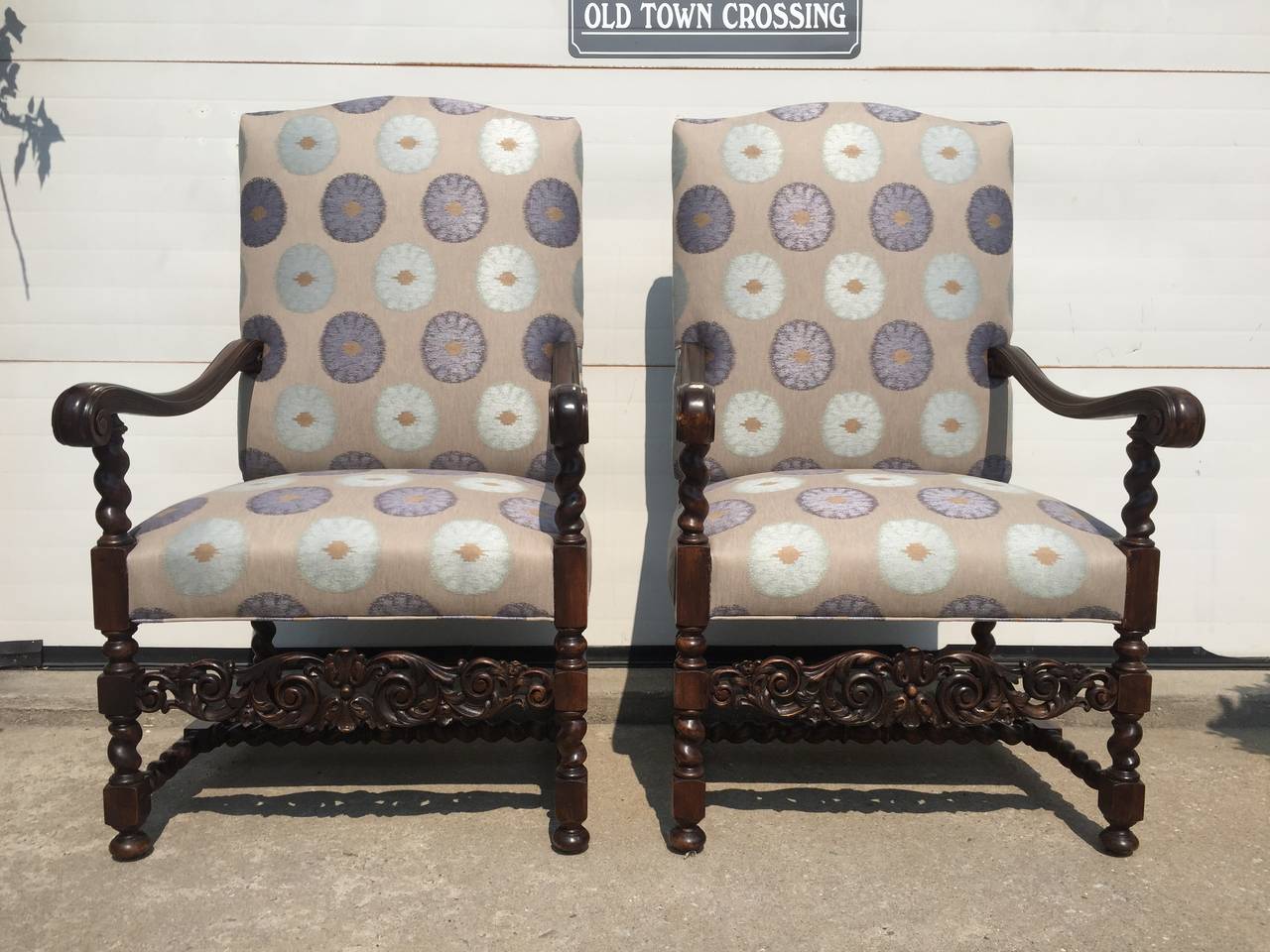 Chateau chairs in Mokum $230 a yard fabric. Chairs are French, 1880. All restored completely and these chairs are breathtaking. Please note the elegant carved front base, arms and support. The wood finish patina glows, it does not just shine, they