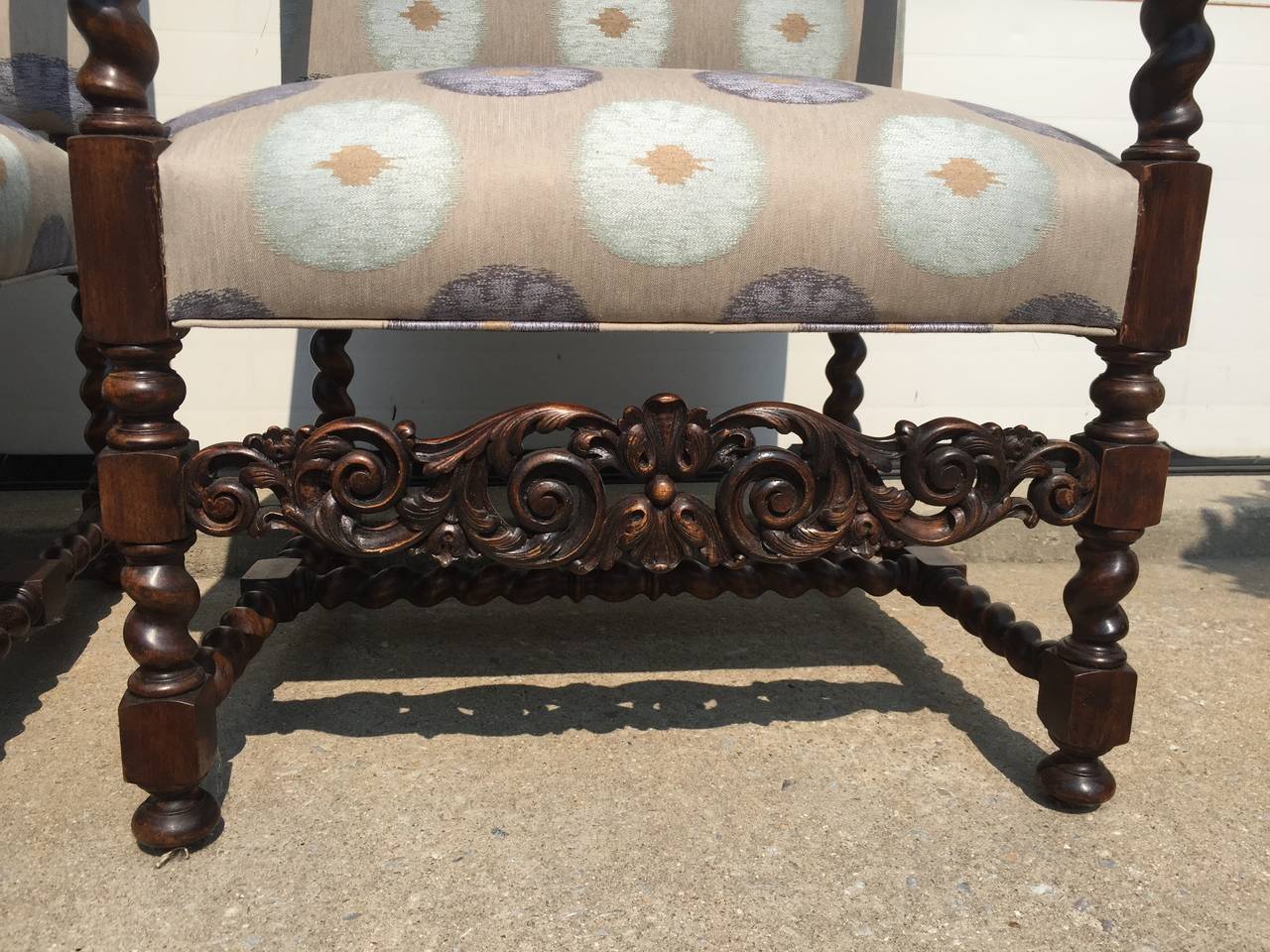 Chateau Chairs, French, 1880s Carved Walnut Frame with Mokum Fabric Restored For Sale 2