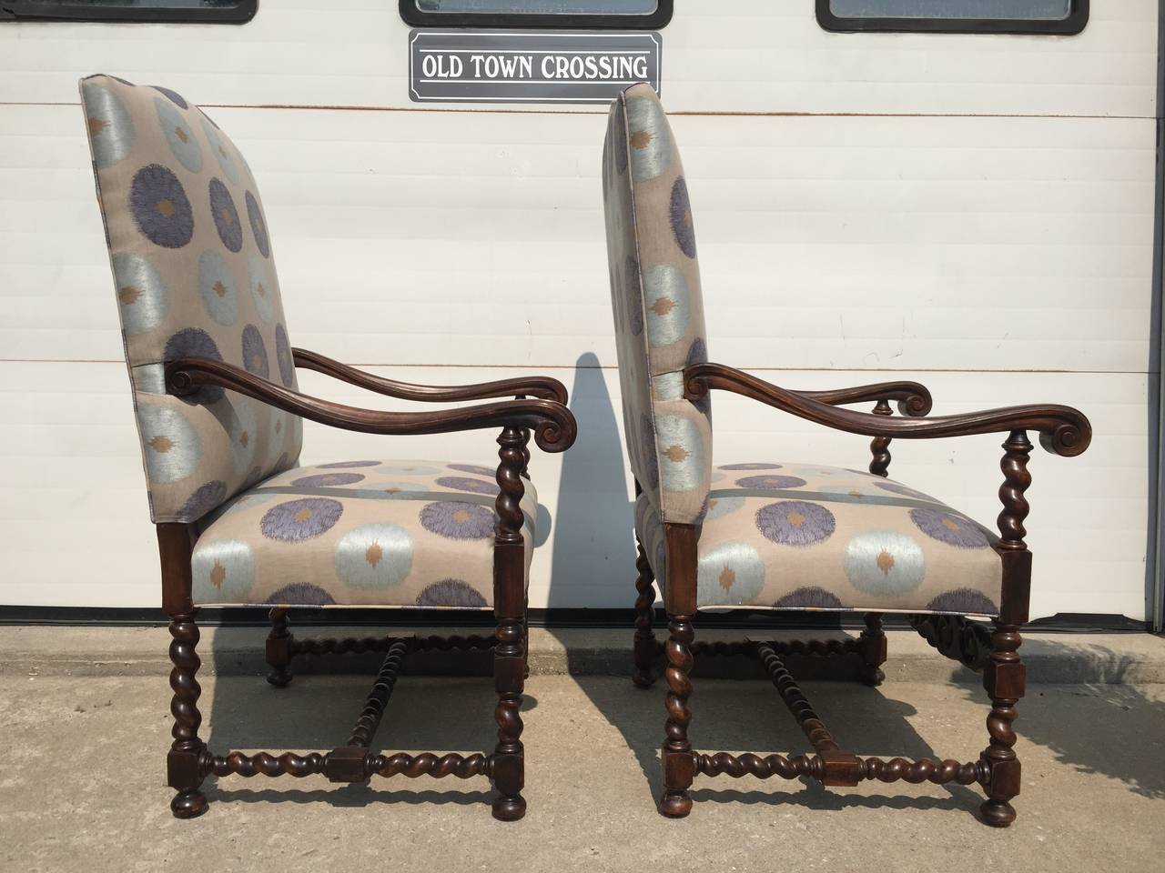 Chateau Chairs, French, 1880s Carved Walnut Frame with Mokum Fabric Restored In Excellent Condition For Sale In Southampton, NY