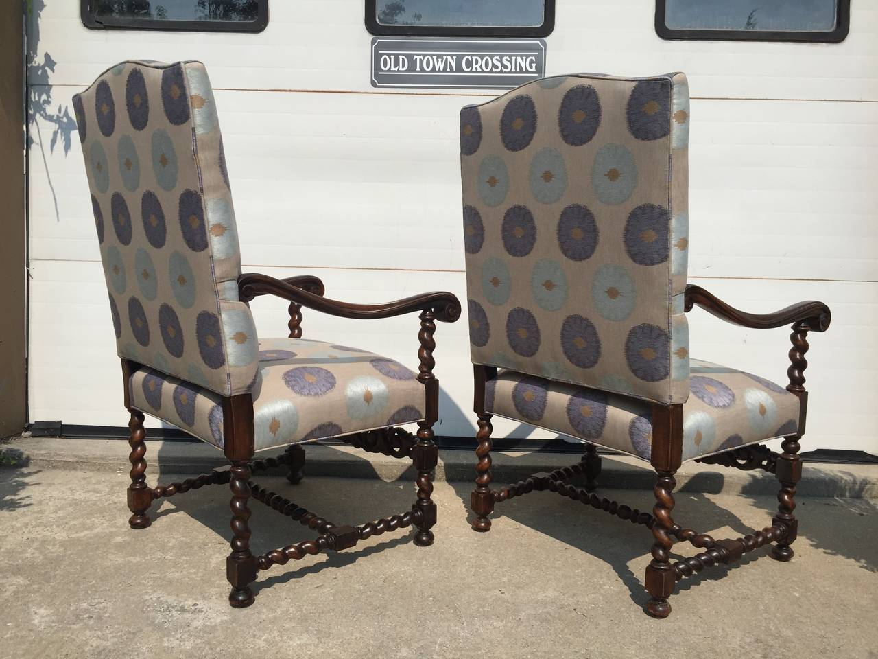 19th Century Chateau Chairs, French, 1880s Carved Walnut Frame with Mokum Fabric Restored For Sale