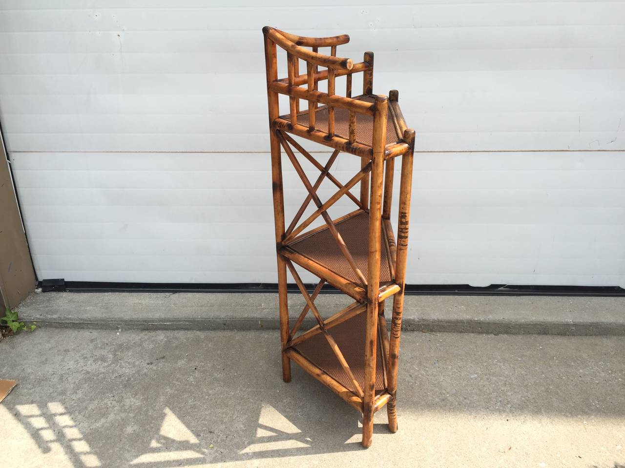 Mid-20th Century Three-Tiered Corner Etagere with Scorched Bamboo Frame and Rattan Shelves