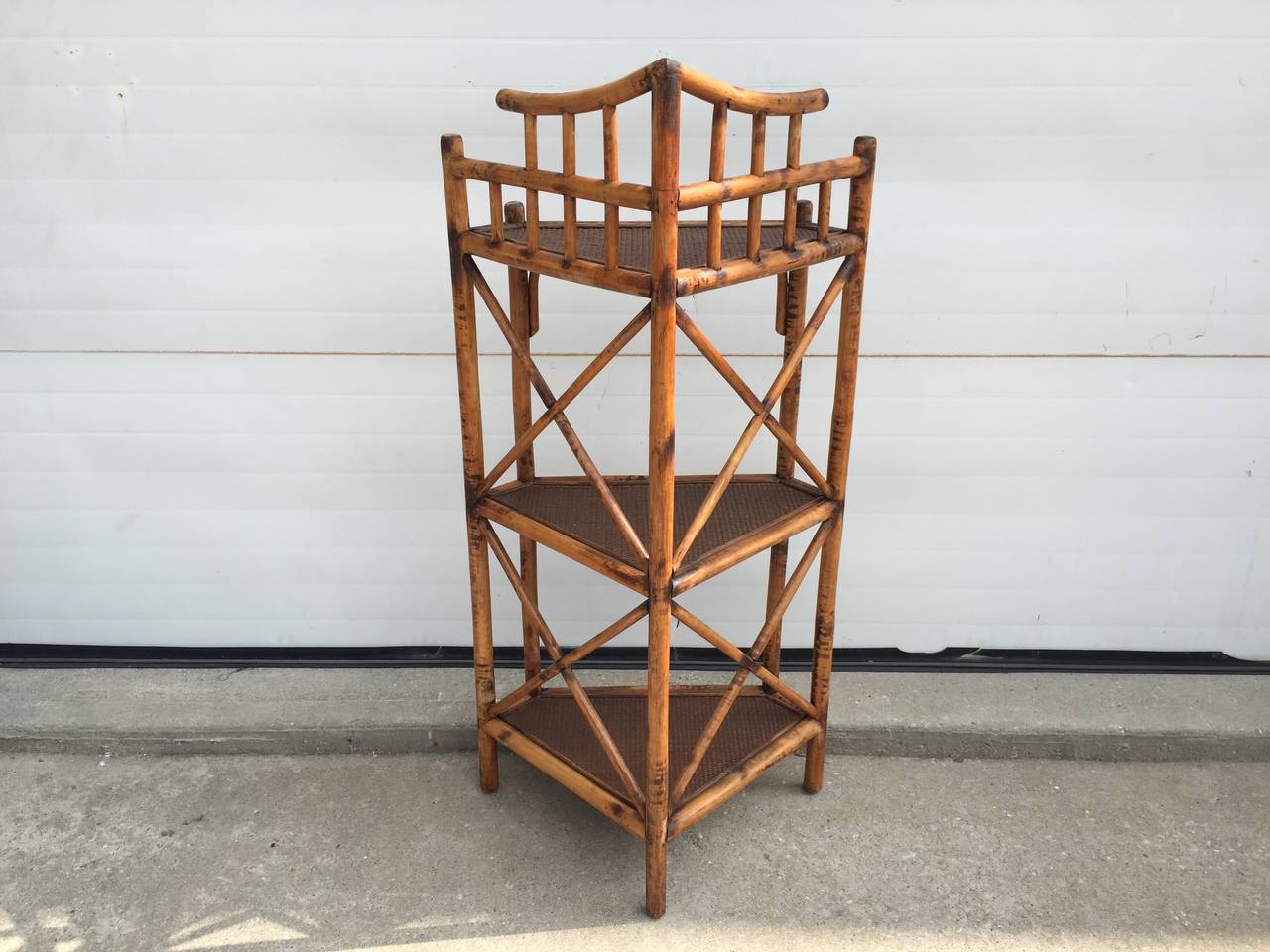 Three-Tiered Corner Etagere with Scorched Bamboo Frame and Rattan Shelves In Excellent Condition In Southampton, NY