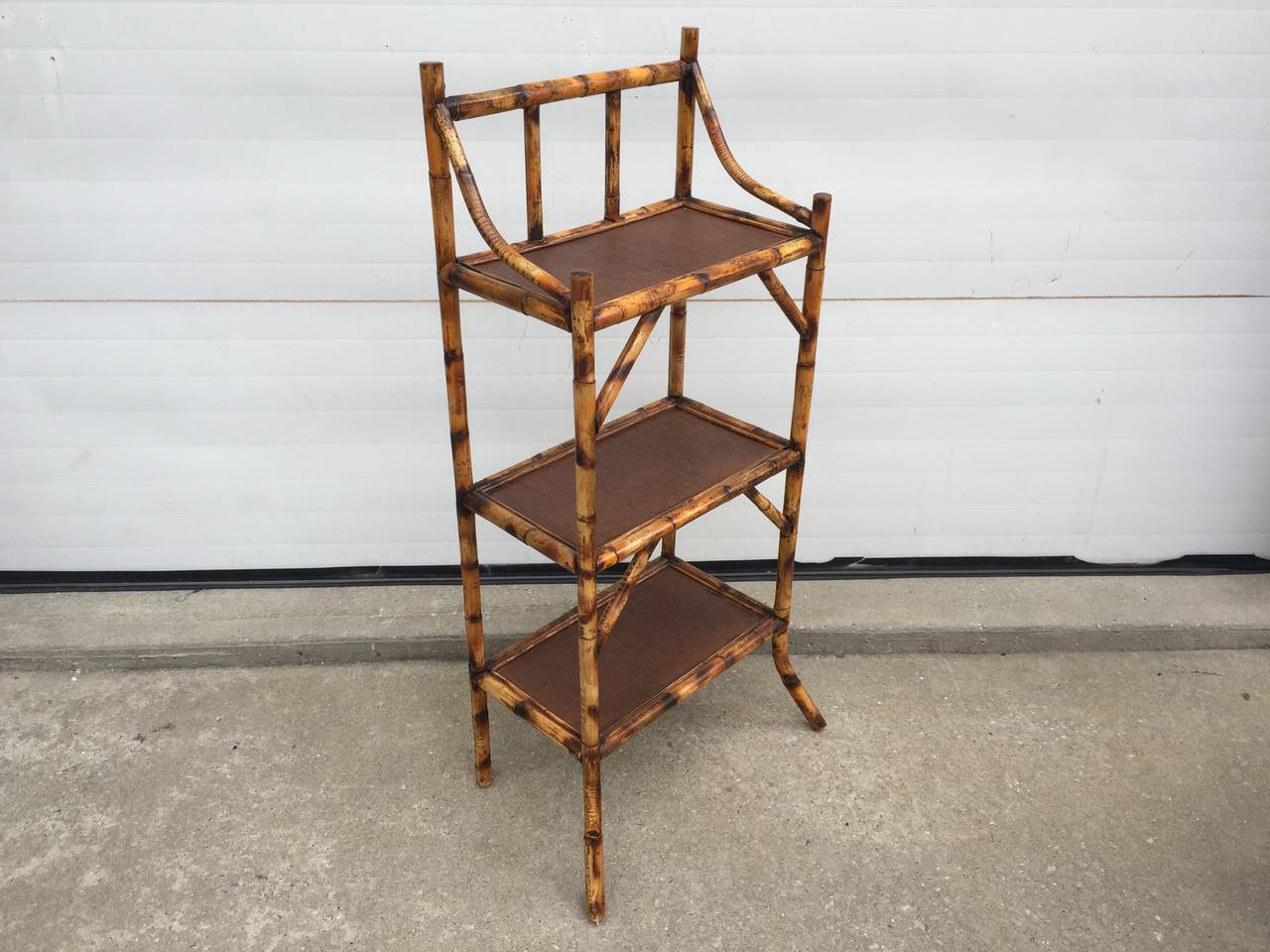 English Three-Tiered Scorched Bamboo Etagere with Espresso Rattan Shelves