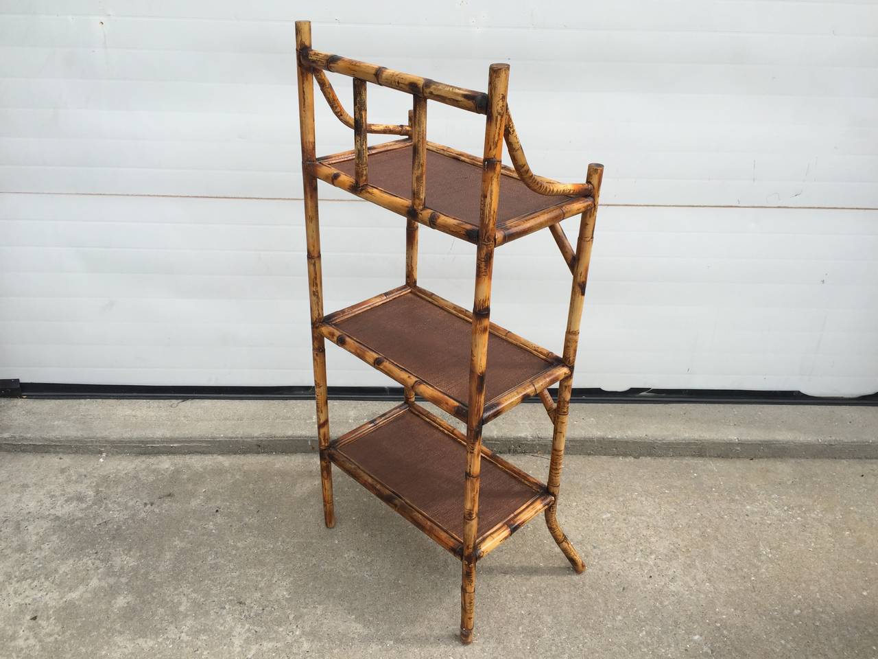 Mid-20th Century Three-Tiered Scorched Bamboo Etagere with Espresso Rattan Shelves