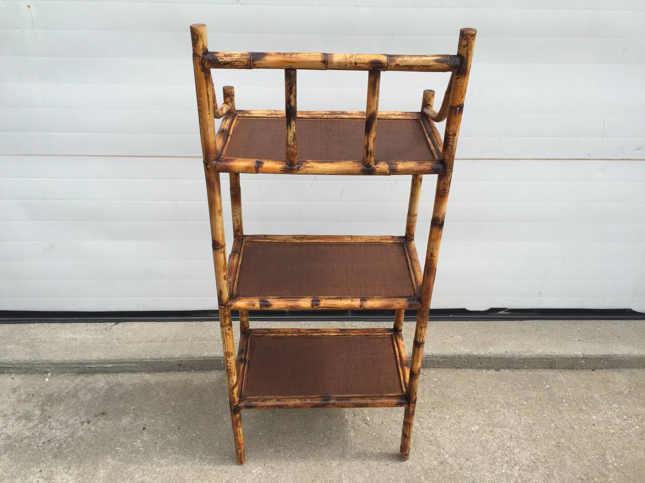 Three-Tiered Scorched Bamboo Etagere with Espresso Rattan Shelves 1