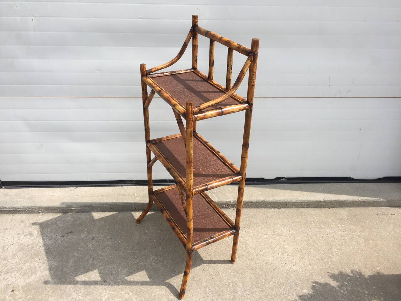 Three-Tiered Scorched Bamboo Etagere with Espresso Rattan Shelves In Excellent Condition In Southampton, NY