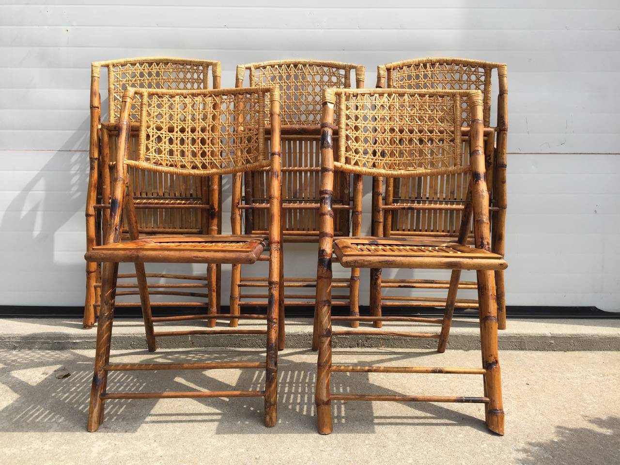 20th Century Set of Five Scorched Bamboo Frame Folding Chairs with Rattan Seat and Back