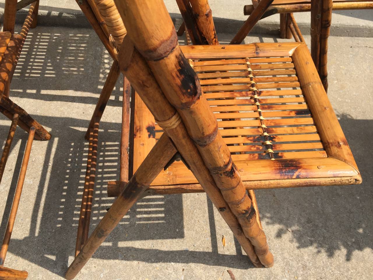 Set of Five Scorched Bamboo Frame Folding Chairs with Rattan Seat and Back 2