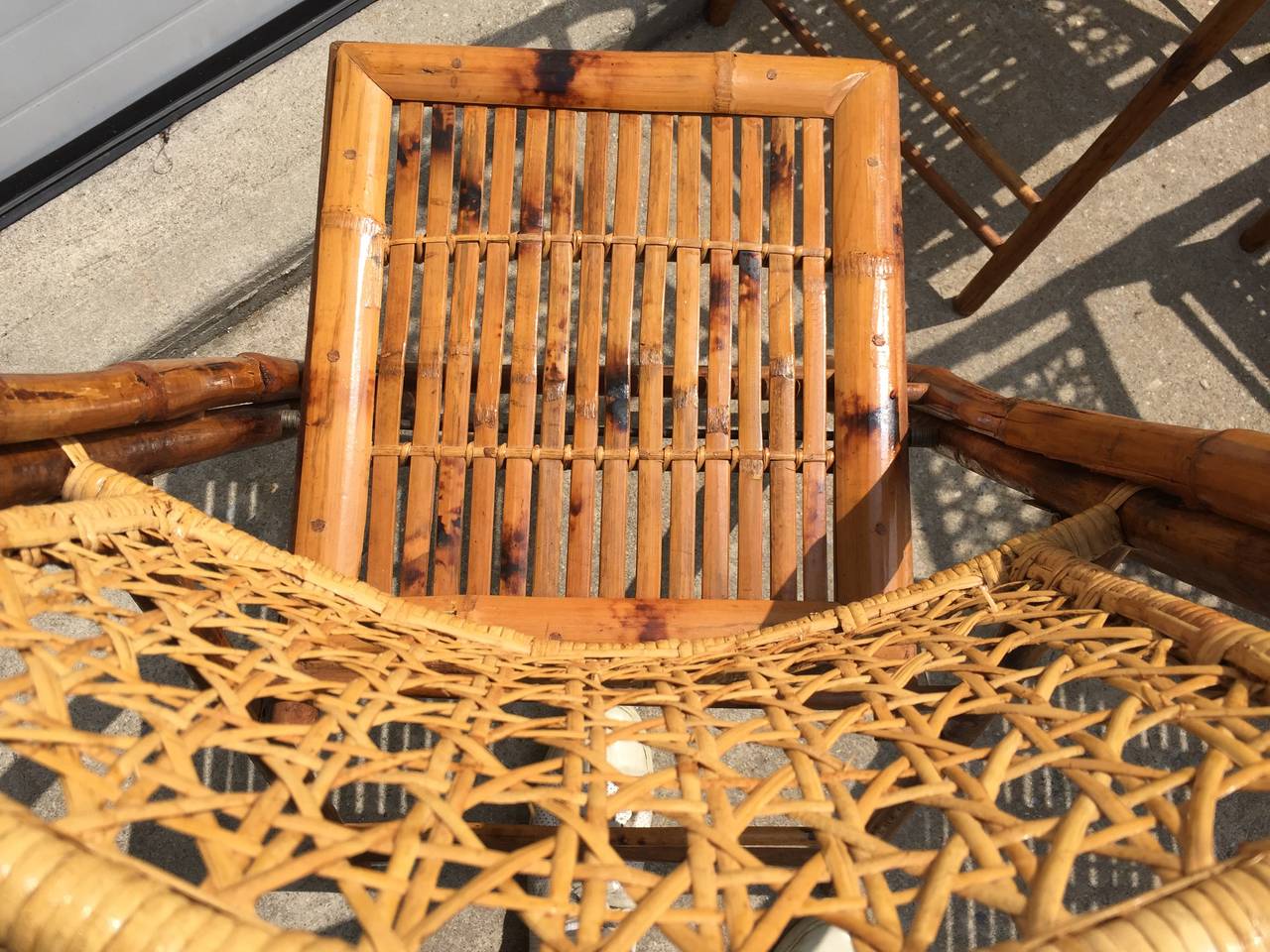 Set of Five Scorched Bamboo Frame Folding Chairs with Rattan Seat and Back 4