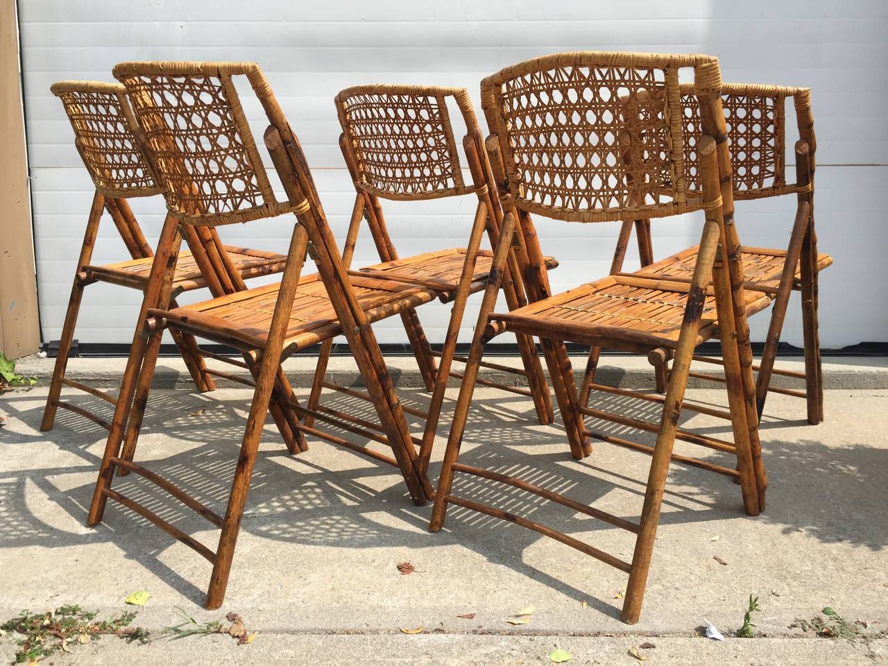 Set of Five Scorched Bamboo Frame Folding Chairs with Rattan Seat and Back 3