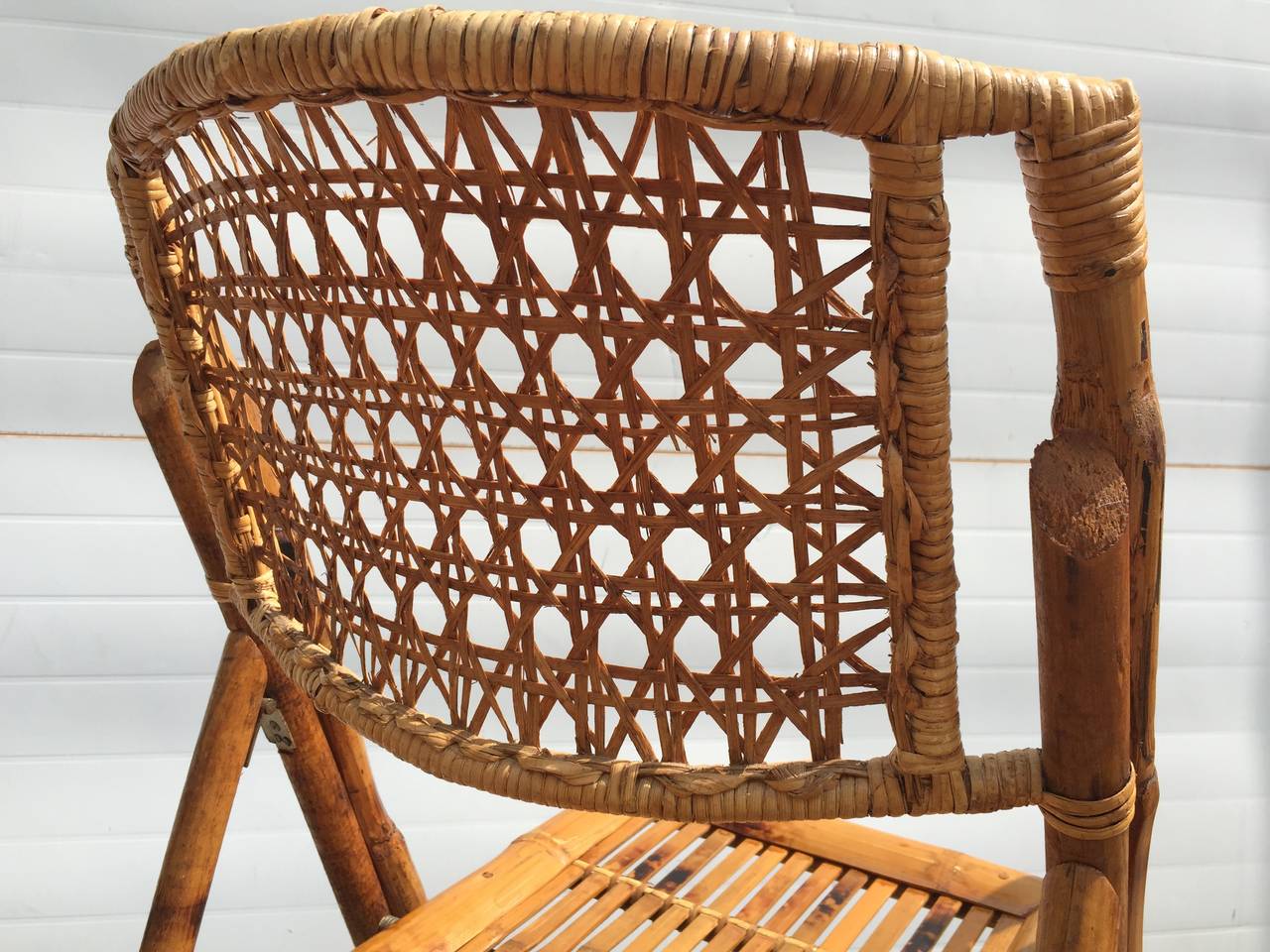 Set of Five Scorched Bamboo Frame Folding Chairs with Rattan Seat and Back 5