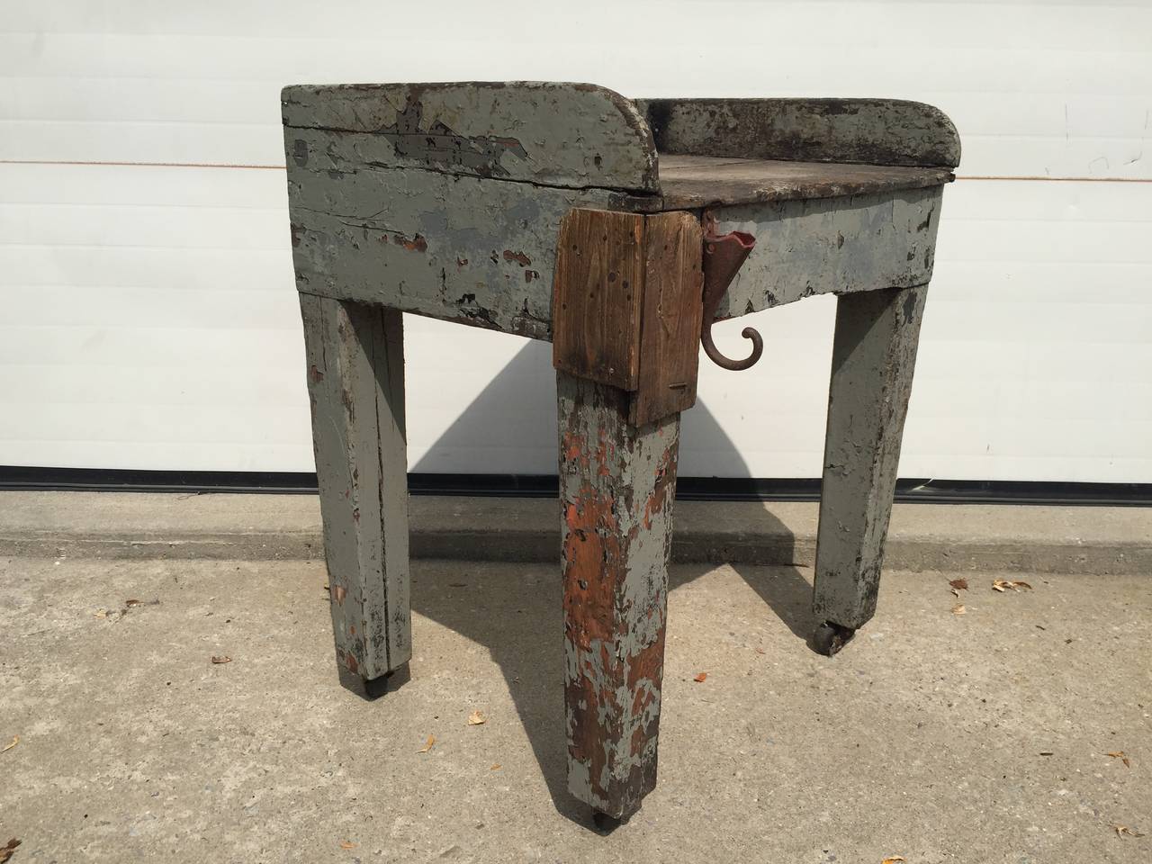 Antique Rustic Folk Farmhouse Side Table with Hook For Sale 2