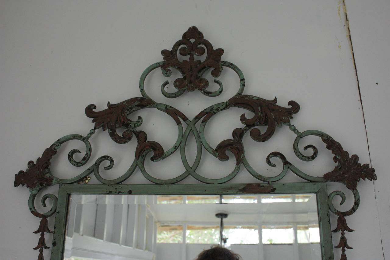 Vintage Fabulous Orleans Tole Verdigris Finish Ornate Wire Frame Mirror In Excellent Condition In Southampton, NY