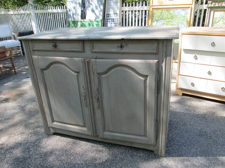 Amazing greige finish. One drawer locks, one has a pull. Very antique with great storage.