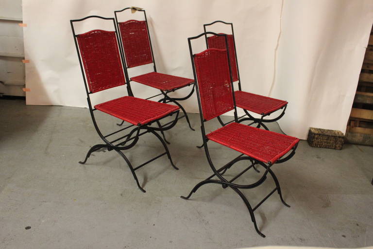 French Set of 4 Red Wicker chairs with Black Iron Frames , Folding Chairs For Sale