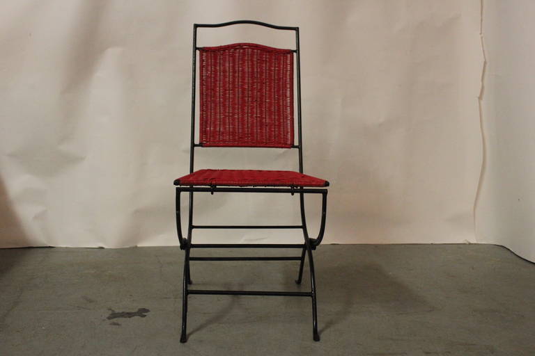 Mid-20th Century Set of 4 Red Wicker chairs with Black Iron Frames , Folding Chairs For Sale