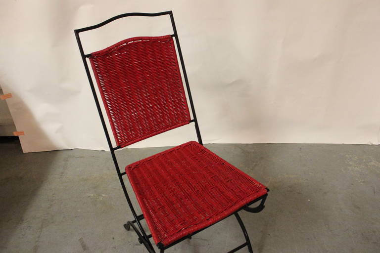 Set of 4 Red Wicker chairs with Black Iron Frames , Folding Chairs For Sale 1