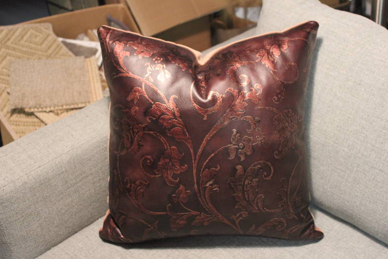 Hand Tooled Leather Pillow, call to see if pair available
Leather handmade by Crezana Designs in Southampton
Incredible quality and so beautiful.