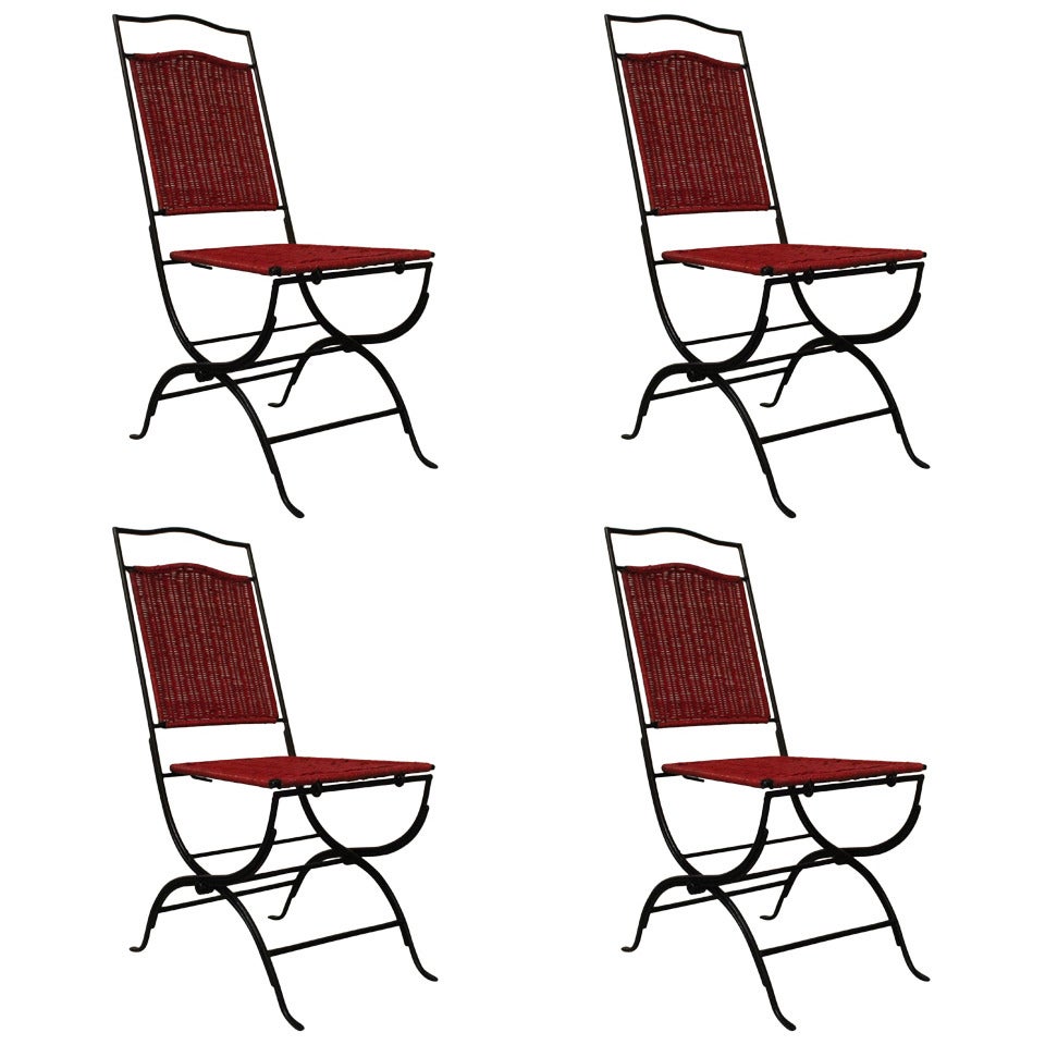 Set of 4 Red Wicker chairs with Black Iron Frames , Folding Chairs For Sale