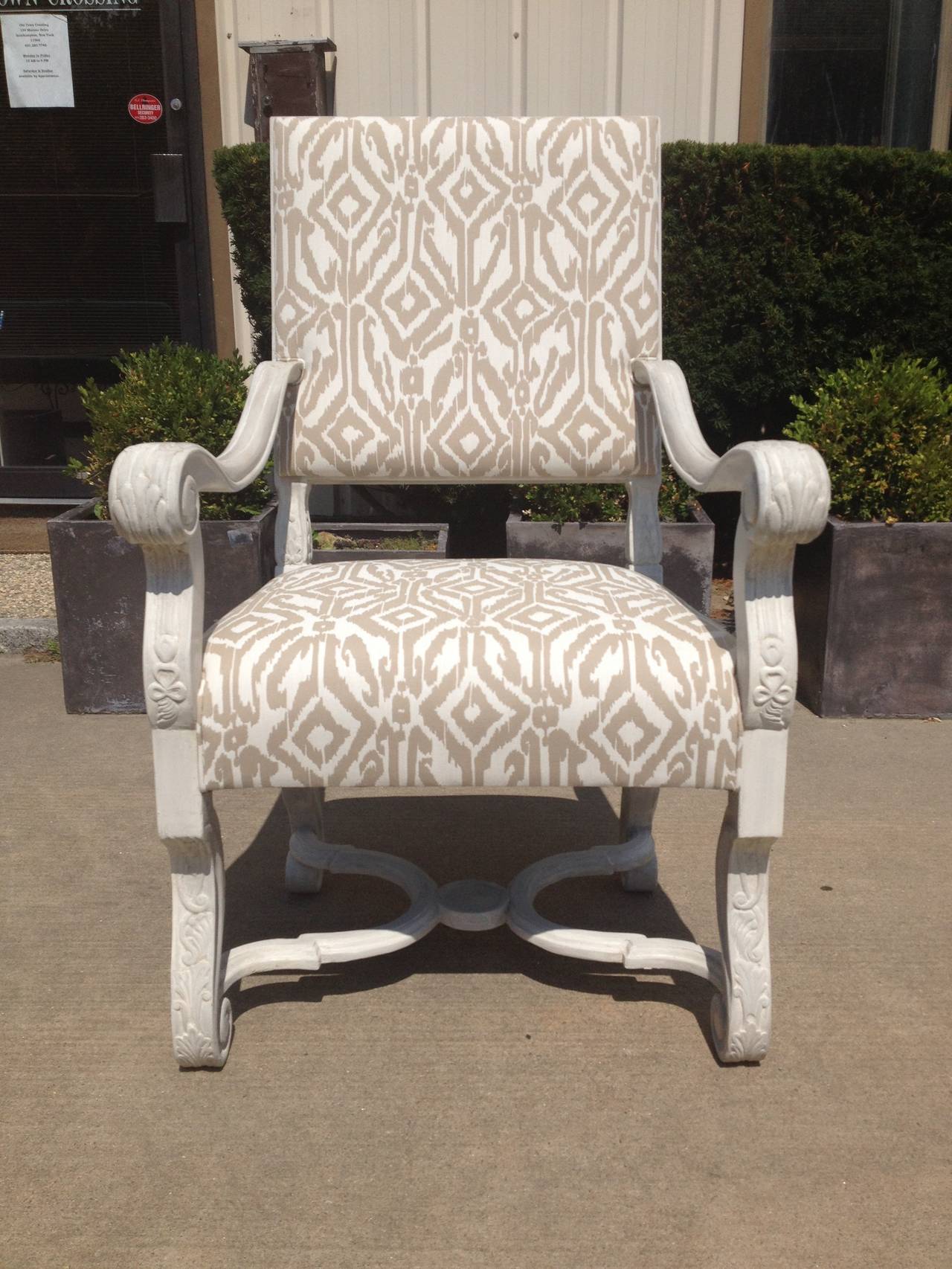 Chateau chairs, made of carved teak in a sealed finish, comes in a selection of finishes, driftwood French greige, distressed white as shown, and many others to choose from.

Chairs are made with super fast drying top of the line materials, and
