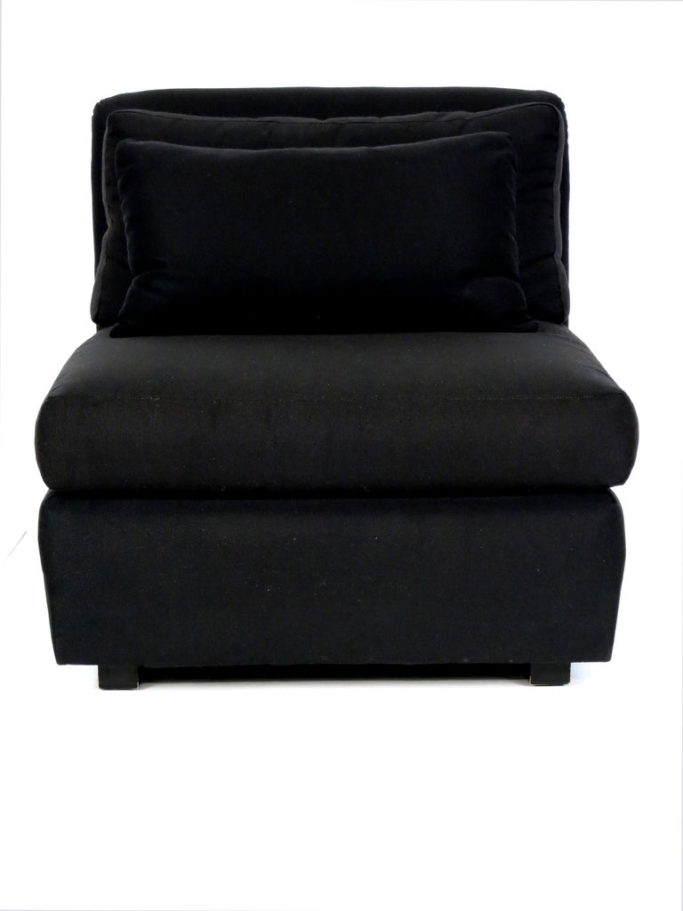 Pair of oversized slipper chairs by John Mascheroni for Bloomingdale's, NY. The pair are upholstered in black twill.