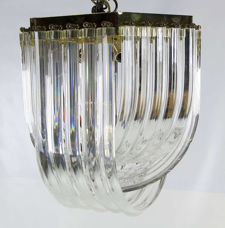 Modern Lucite and Brass Pendant Chandelier
